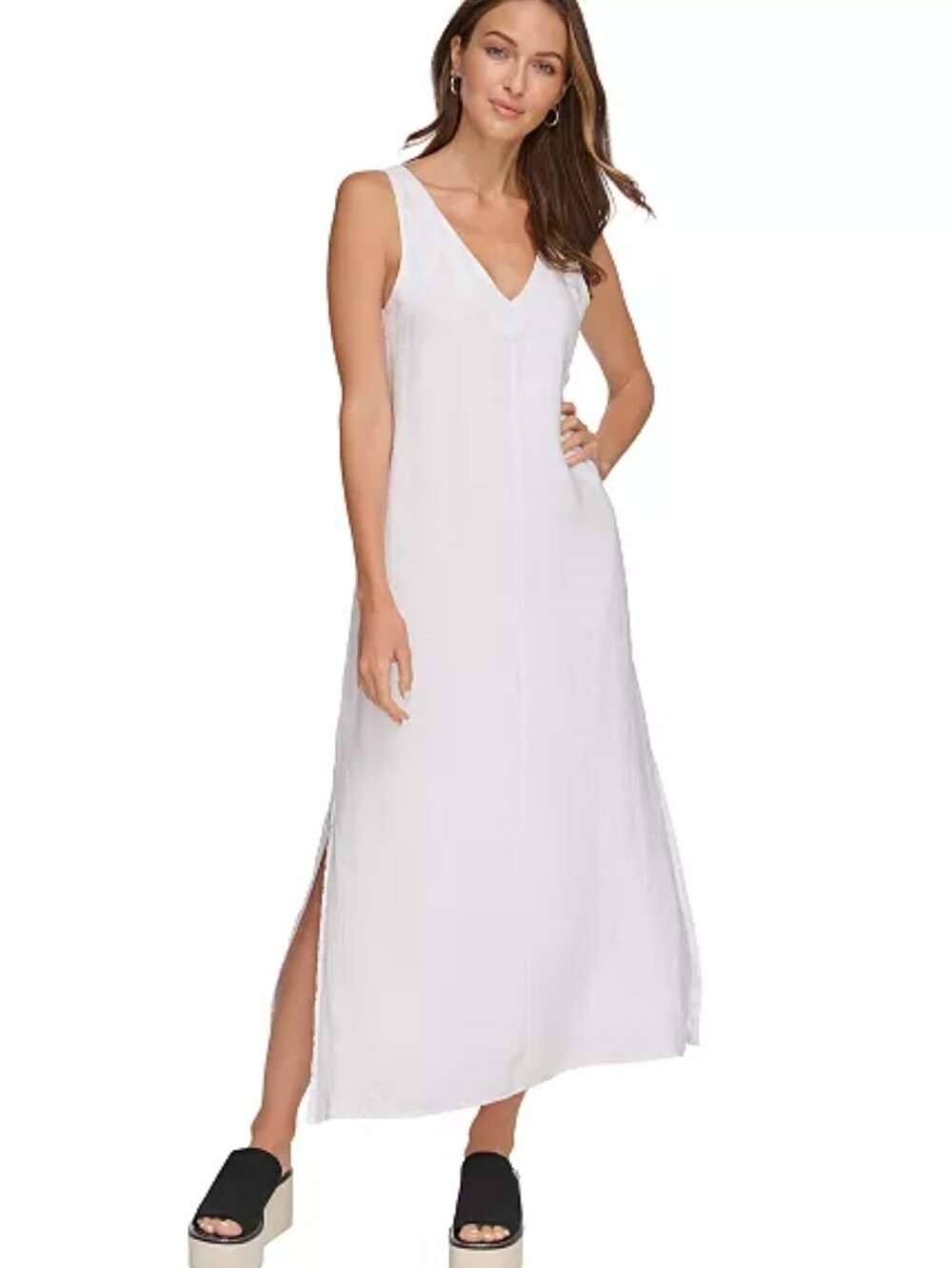 Sleeveless White V-Neck Maxi Dress with Side Slits